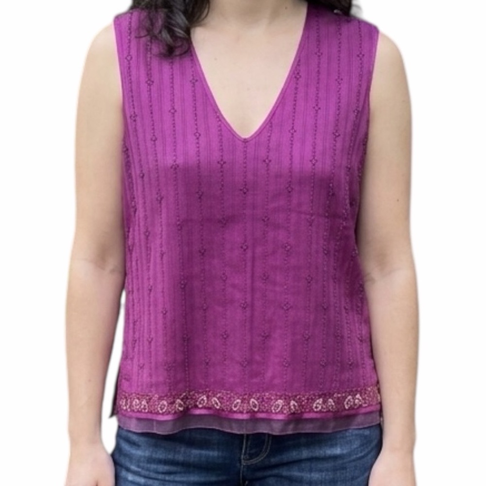 White + Warren Magenta Beaded & Embroidered Woman’s V-Neck Tank - Medium